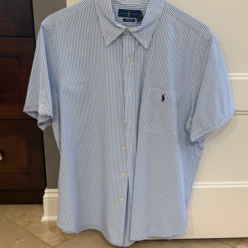 Ralph Lauren Men's White and Blue Seersucker Shirt